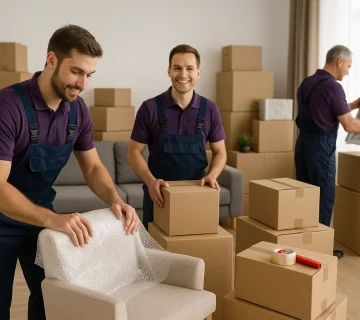 تیم حرفه‌ای اسباب‌کشی در تهران در حال بسته‌بندی مبلمان و لوازم منزل با نایلون حباب‌دار و کارتن‌های مقاوم در محیطی منظم و تمیز.