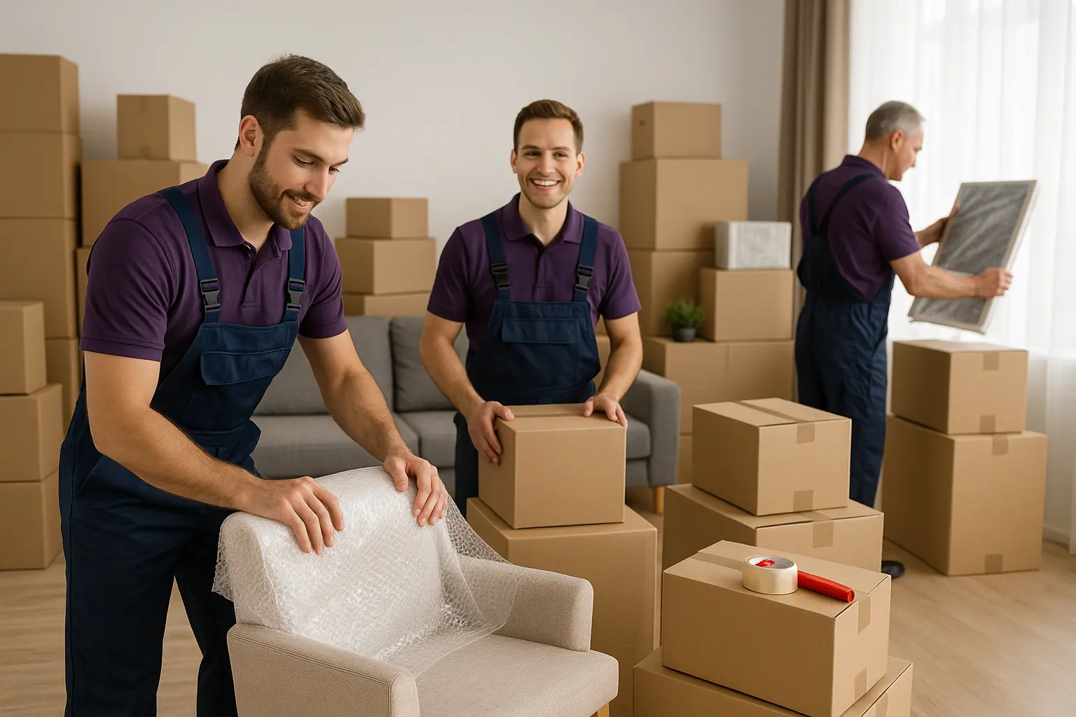 تیم حرفهای اسبابکشی در تهران در حال بستهبندی مبلمان و لوازم منزل با نایلون حبابدار و کارتنهای مقاوم در محیطی منظم و تمیز.