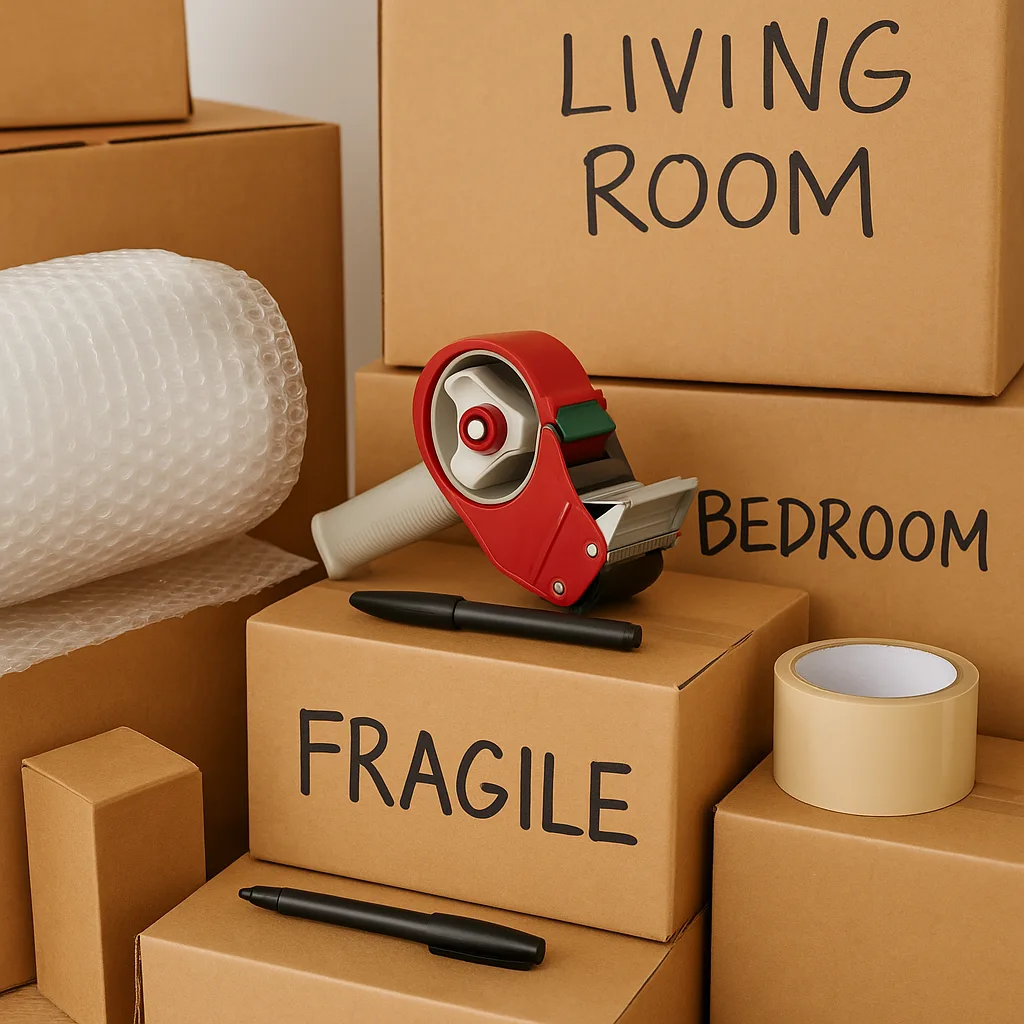 نمای نزدیک از کارتن‌ها، نایلون حباب‌دار و تجهیزات بسته‌بندی حرفه‌ای آماده برای اسباب‌کشی منزل در تهران.