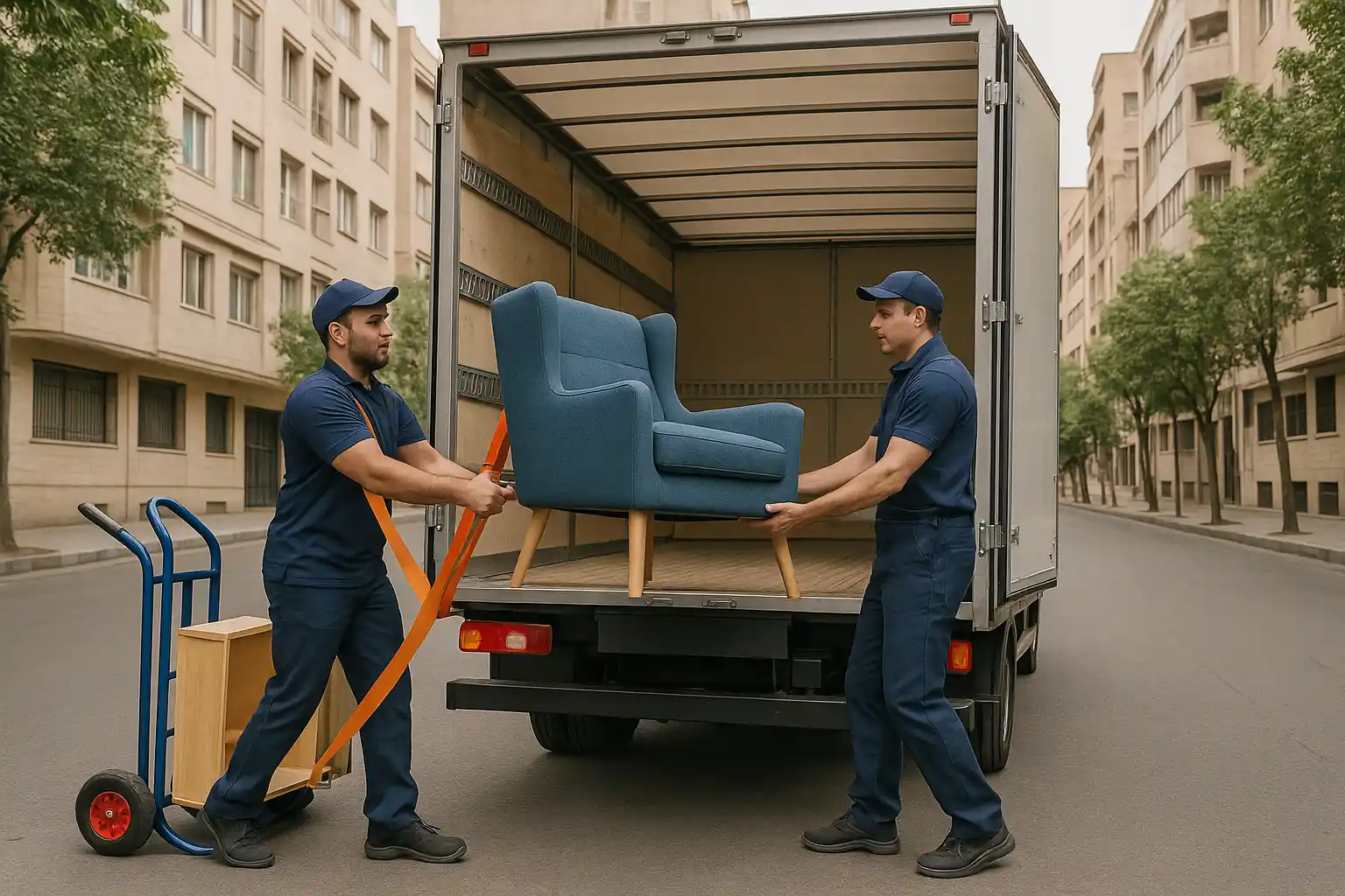کارگران حرفه‌ای در حال بارگیری مبلمان و لوازم منزل در کامیون مخصوص اسباب‌کشی با استفاده از تسمه و چرخ‌دستی در یکی از خیابان‌های تهران.