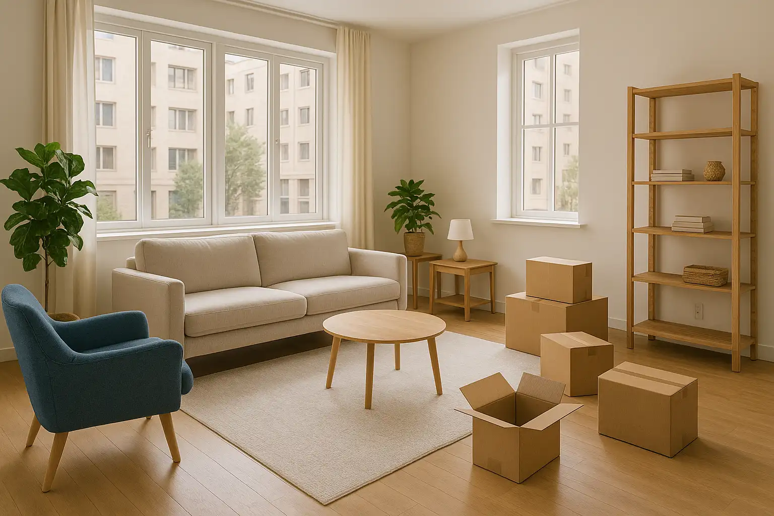 نمایی آرام از خانه‌ای تمیز و منظم پس از اسباب‌کشی موفق با چیدمان کامل وسایل و نور طبیعی در فضای پذیرایی.