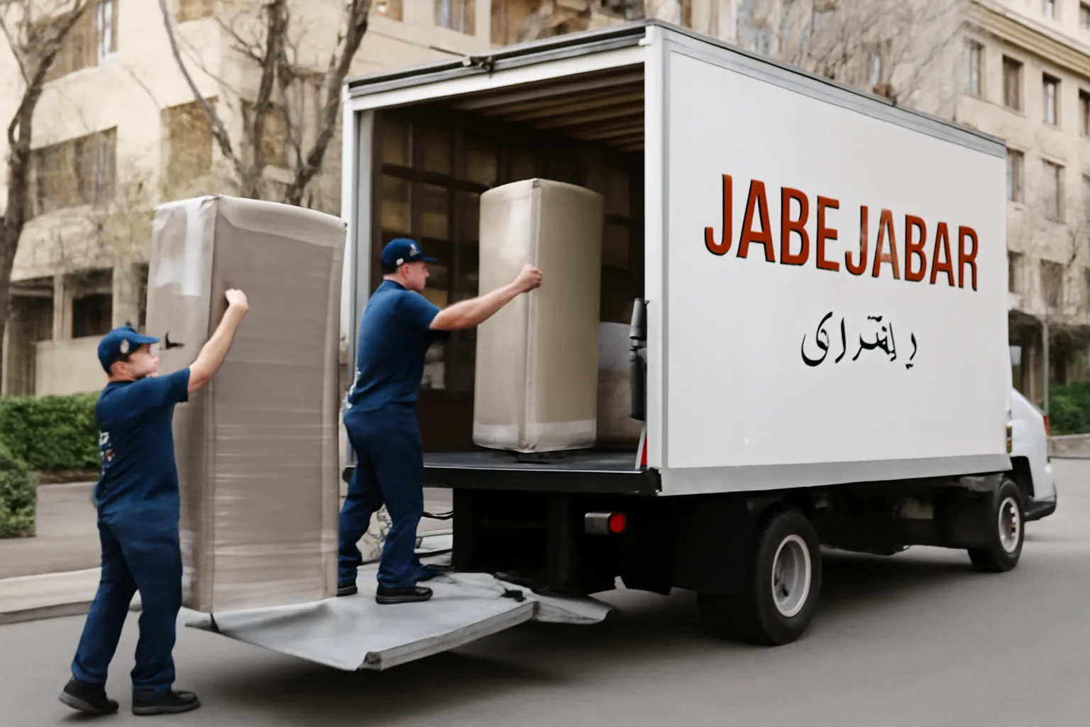 کامیون اسباب‌کشی حرفه‌ای با برچسب "جا‌به‌جا بار" در حال بارگیری مبلمان بزرگ، با استفاده از درب بالابر برای حمل ایمن در محله مسکونی تهران.