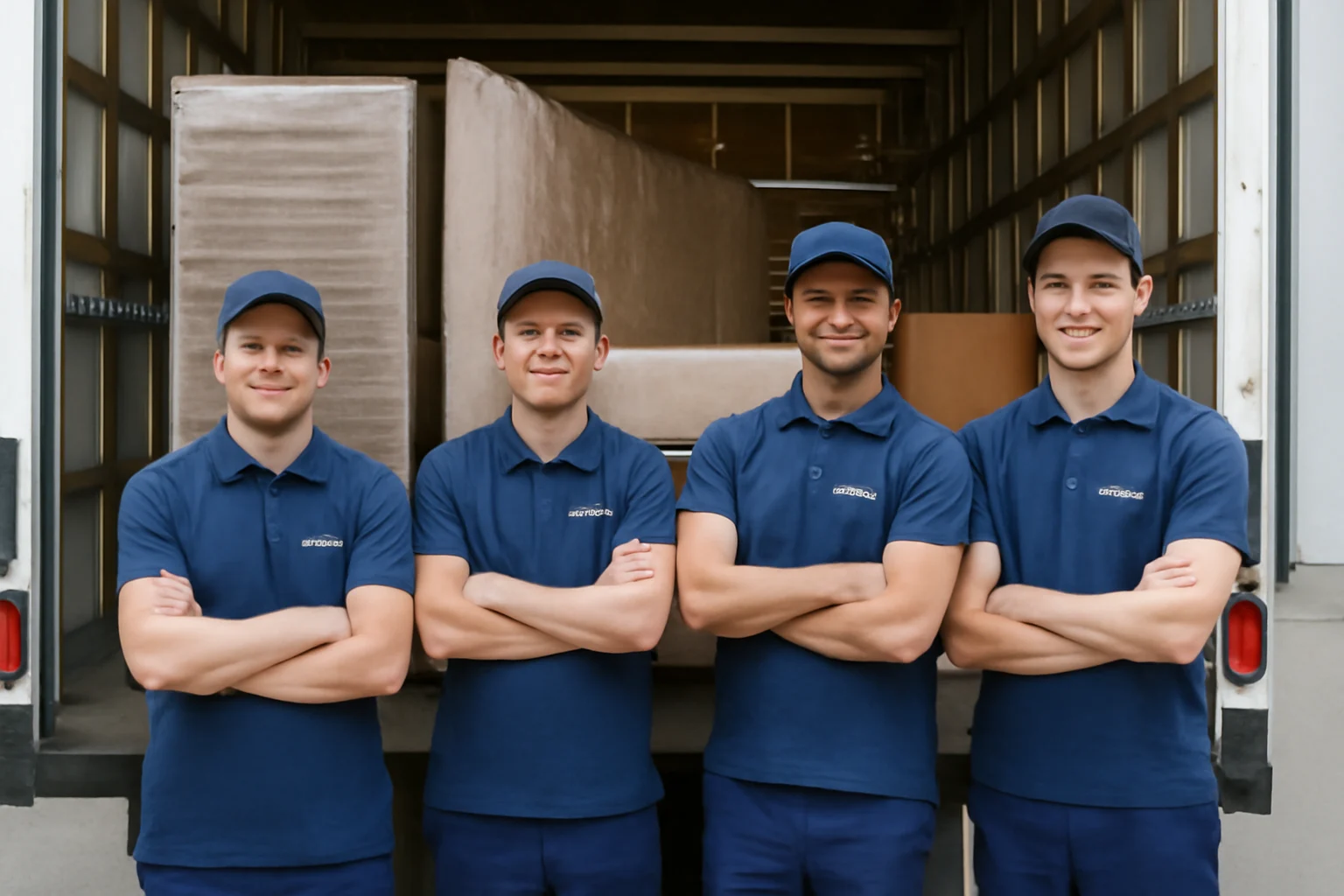 تصویر تیم اسباب‌کشی جا‌به‌جا بار با لباس فرم، در حال بارگیری و ایمن‌سازی مبلمان با دقت و حرفه‌ای‌گری در داخل کامیون حمل بار.