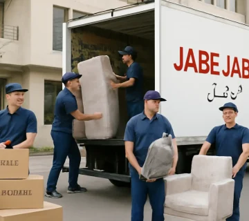 تیم اسباب‌کشی حرفه‌ای در تهران با لباس فرم در حال بسته‌بندی و بارگیری مبلمان به داخل کامیون حمل بار، در محیطی تمیز و منظم با جعبه‌های اسباب‌کشی مرتب و کارگران خوشحال در حال کار تیمی.