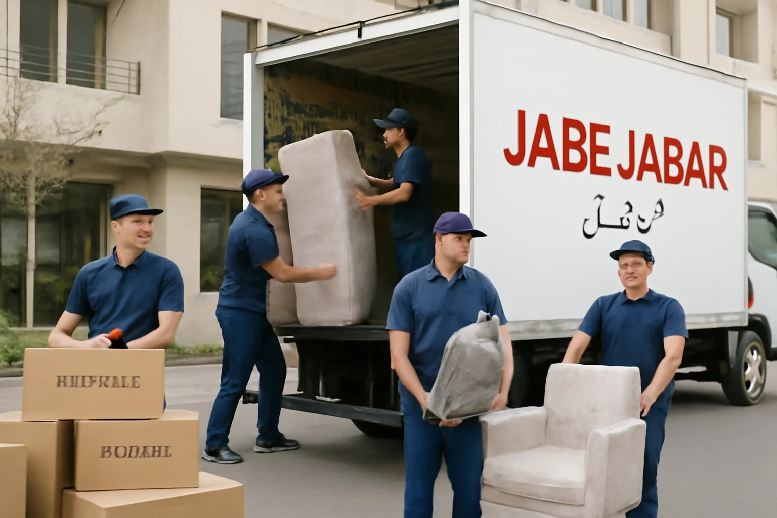 تیم اسباب‌کشی حرفه‌ای در تهران با لباس فرم در حال بسته‌بندی و بارگیری مبلمان به داخل کامیون حمل بار، در محیطی تمیز و منظم با جعبه‌های اسباب‌کشی مرتب و کارگران خوشحال در حال کار تیمی.